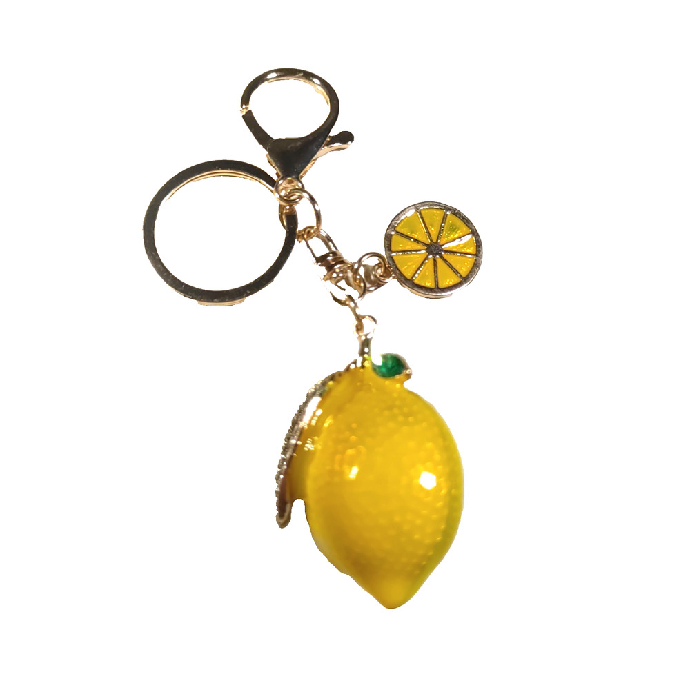 Lemon Keychain Gold Tone Yellow Citrus Rhinestone - Picture 2 of 4